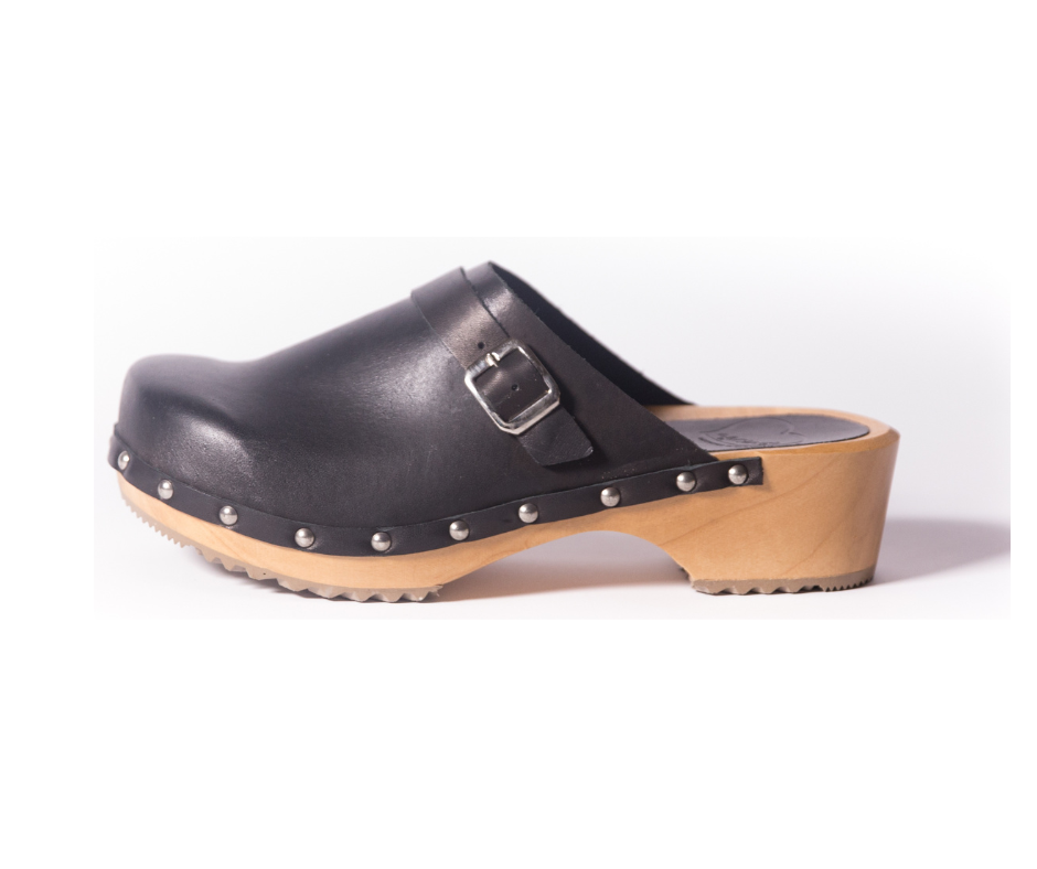 Lene Black Leather Swedish Clogs | Handmade Classic Clogs (LAST EU36)