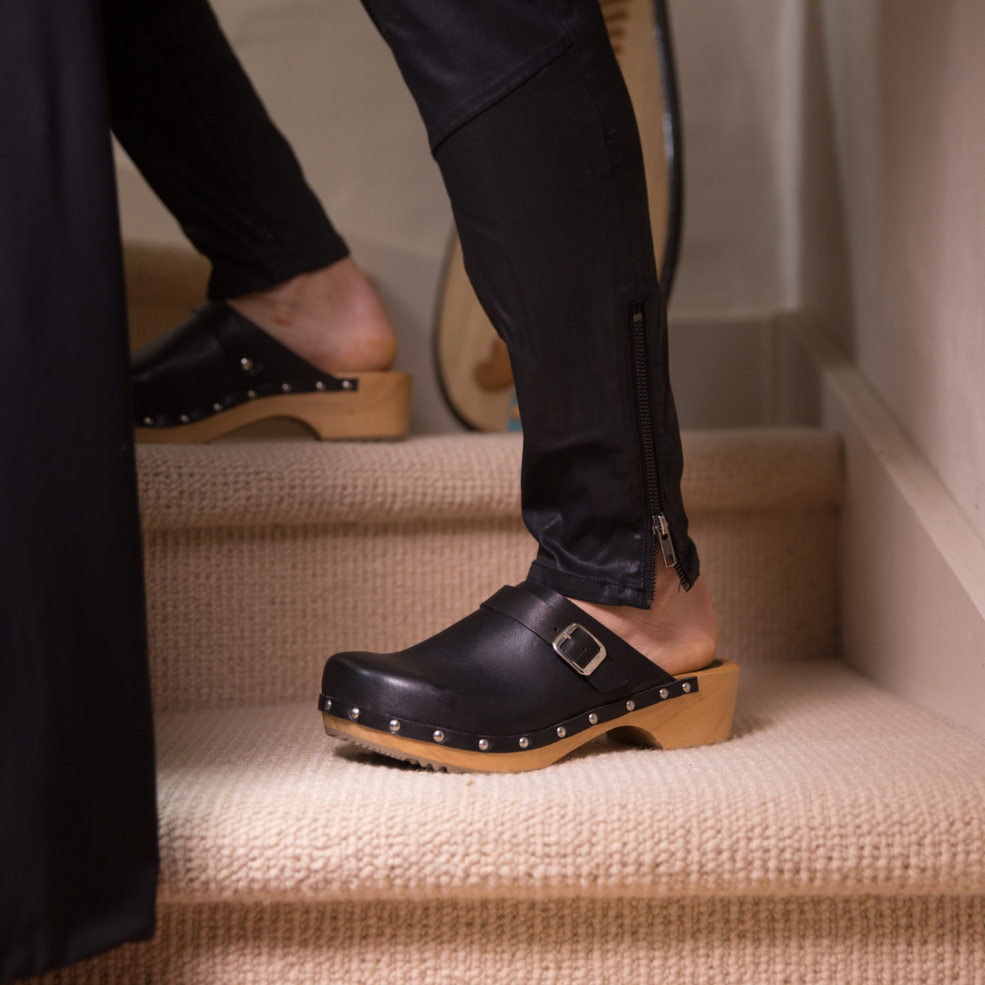 Lene Black Leather Swedish Clogs | Handmade Classic Clogs (LAST EU36)