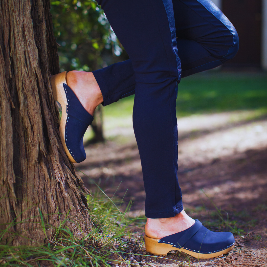 Greta Swedish Leather Clogs | Navy Blue Handmade Clogs (LAST 37)