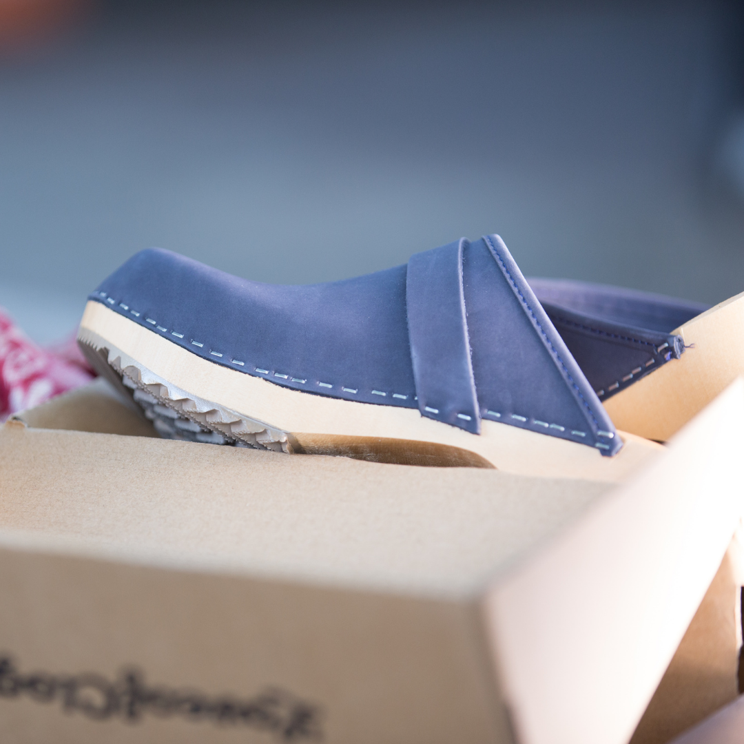 Greta Swedish Leather Clogs | Navy Blue Handmade Clogs (LAST 37)
