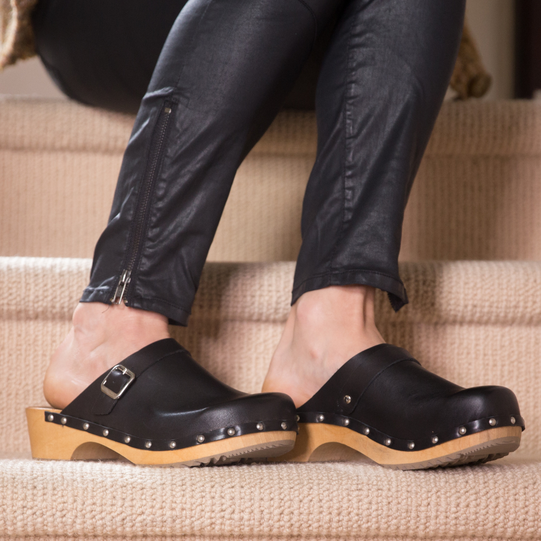 Lene Black Leather Swedish Clogs | Handmade Classic Clogs (LAST EU36)