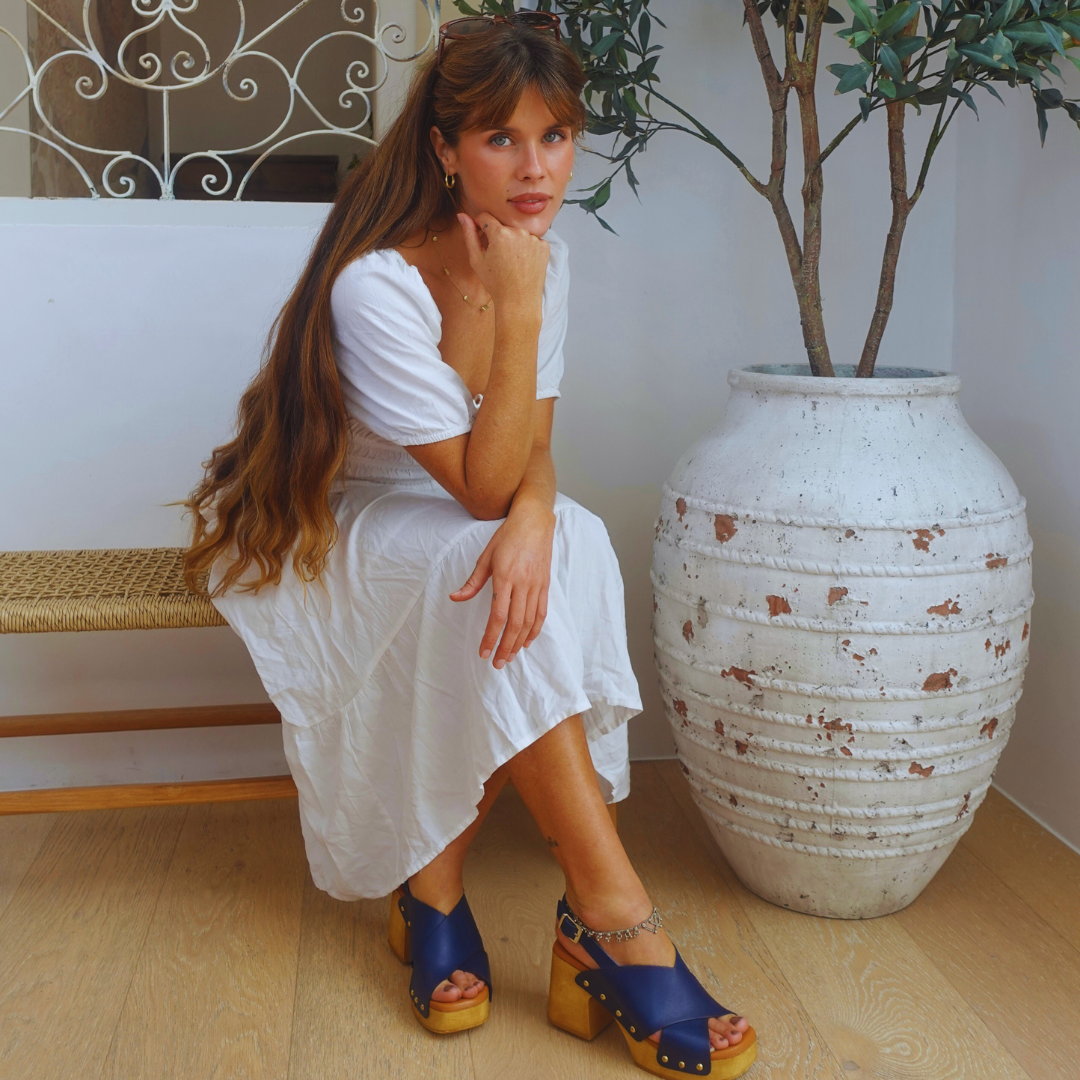 Phoebe High Heel Clogs | Navy Leather Handmade Clogs