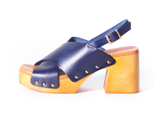 Phoebe High Heel Clogs | Navy Leather Handmade Clogs