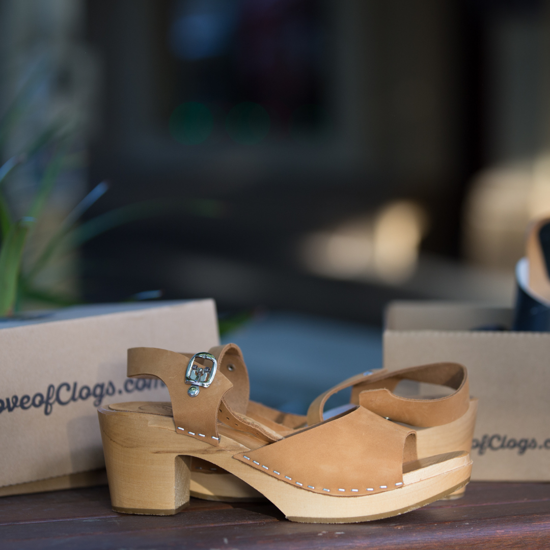 Pia Open-Toe Heel Clogs | Tan Nubuck Leather Clogs (LAST EU37-38-39)
