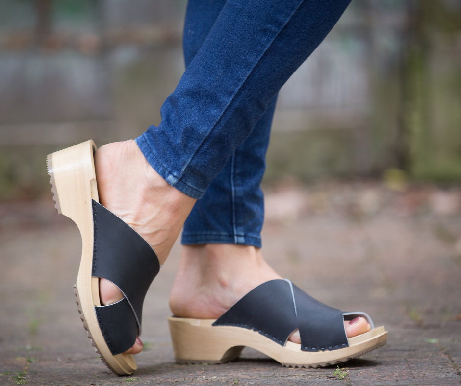 Mette Open-Toe Clog Slides | Black Leather Sandals(LAST 37-39)