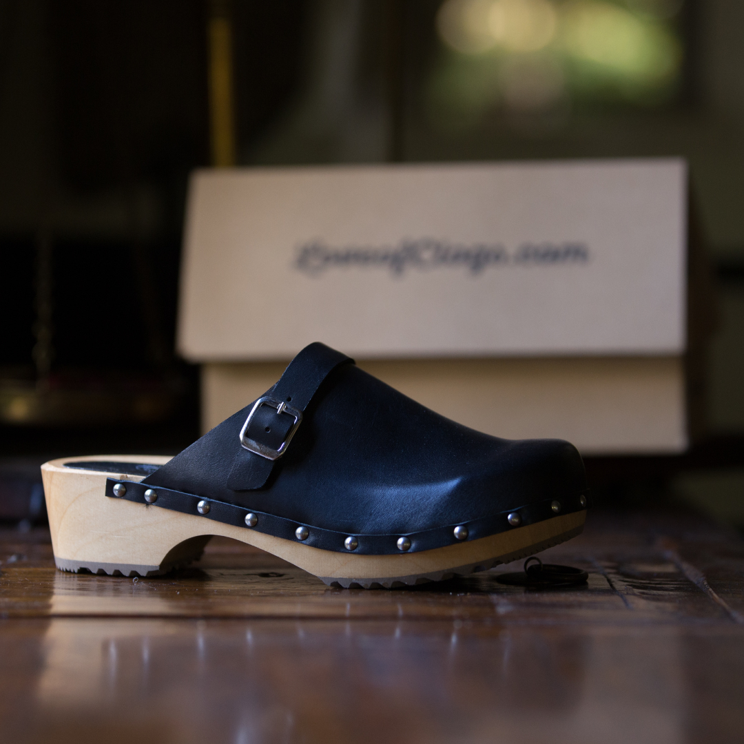 Lene Black Leather Swedish Clogs | Handmade Classic Clogs (SECONDS EU38-41)