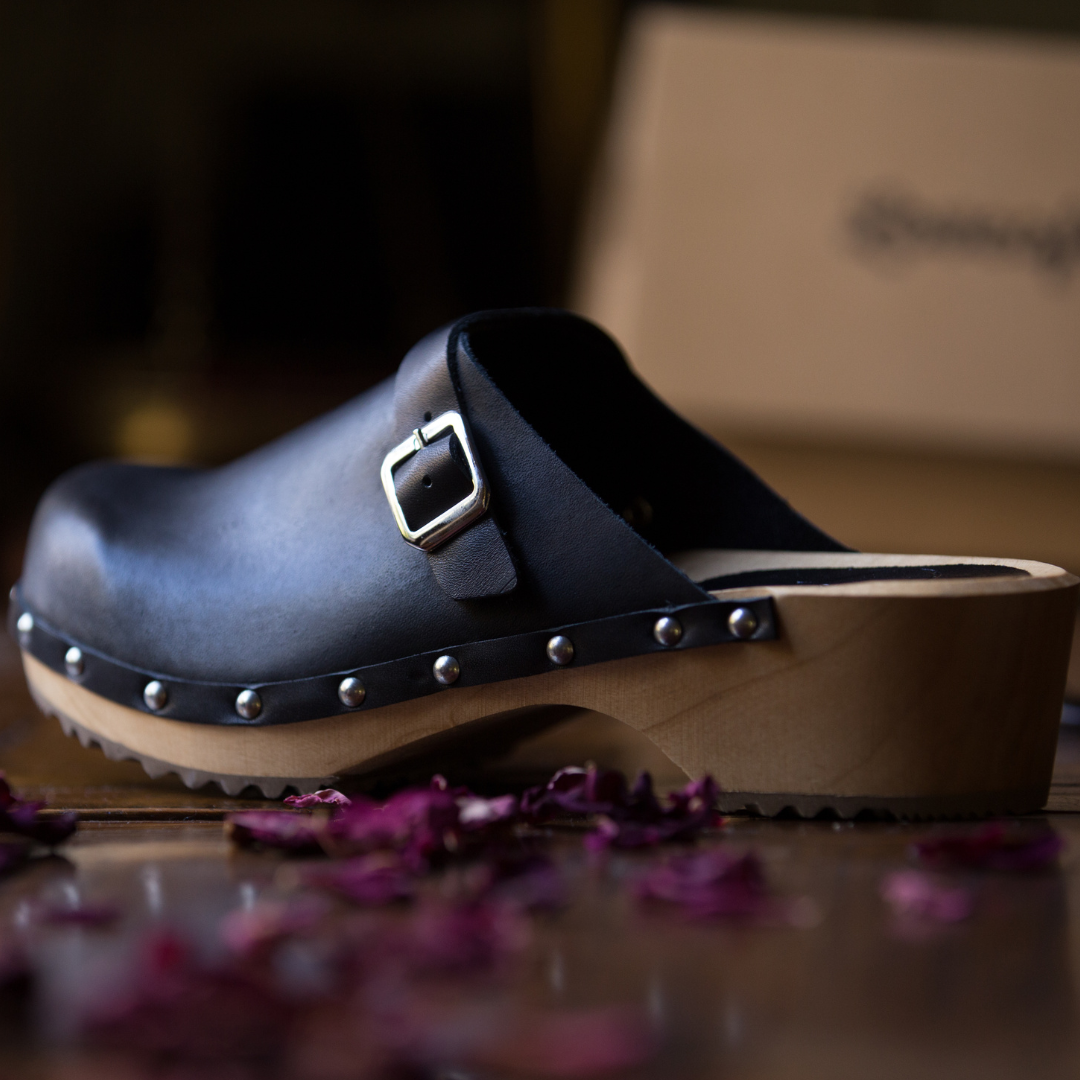 Lene Black Leather Swedish Clogs | Handmade Classic Clogs (SECONDS EU38-41)