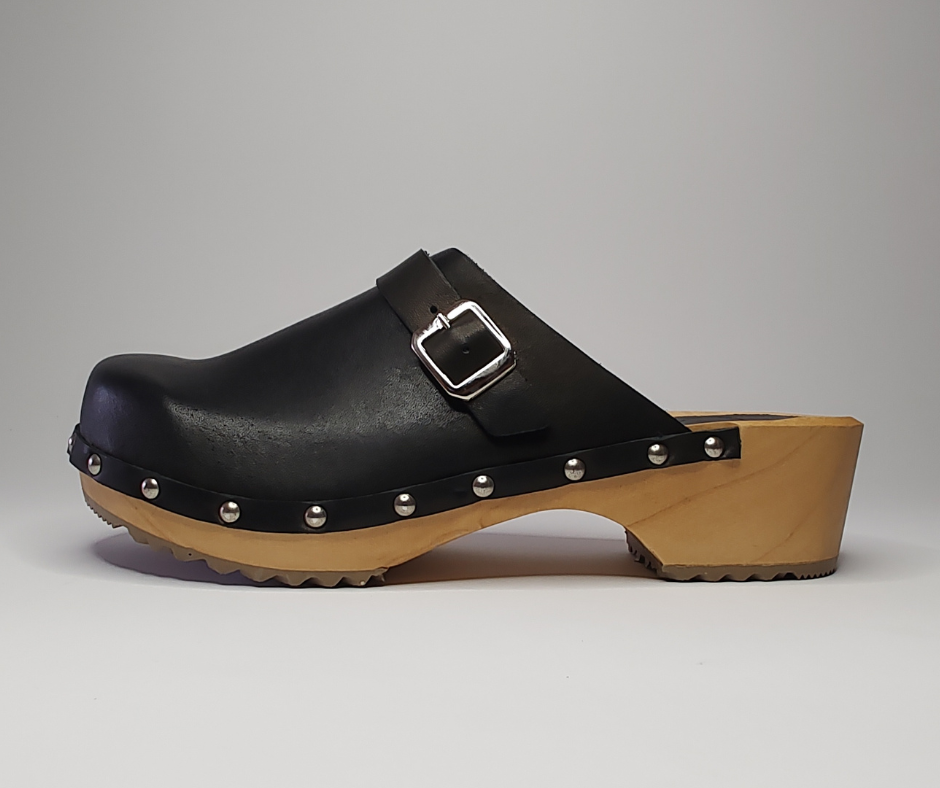 Lene Black Leather Swedish Clogs | Handmade Classic Clogs (SECONDS EU38-41)