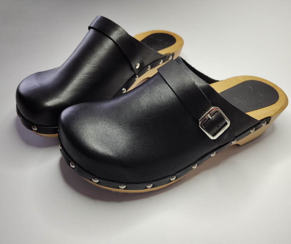 Lene Black Leather Swedish Clogs | Handmade Classic Clogs (SECONDS EU38-41)