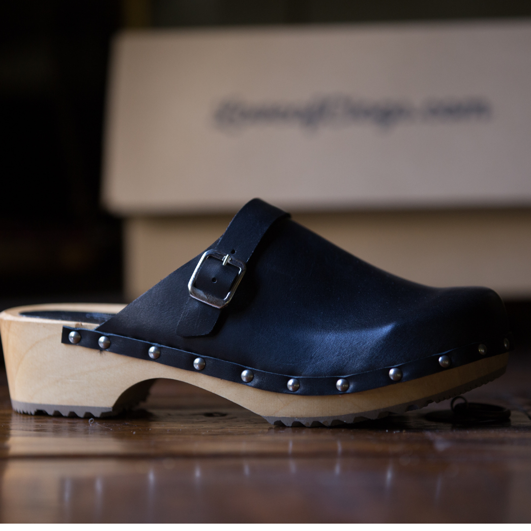 Lene Black Leather Swedish Clogs | Handmade Classic Clogs (SECONDS EU38-41)