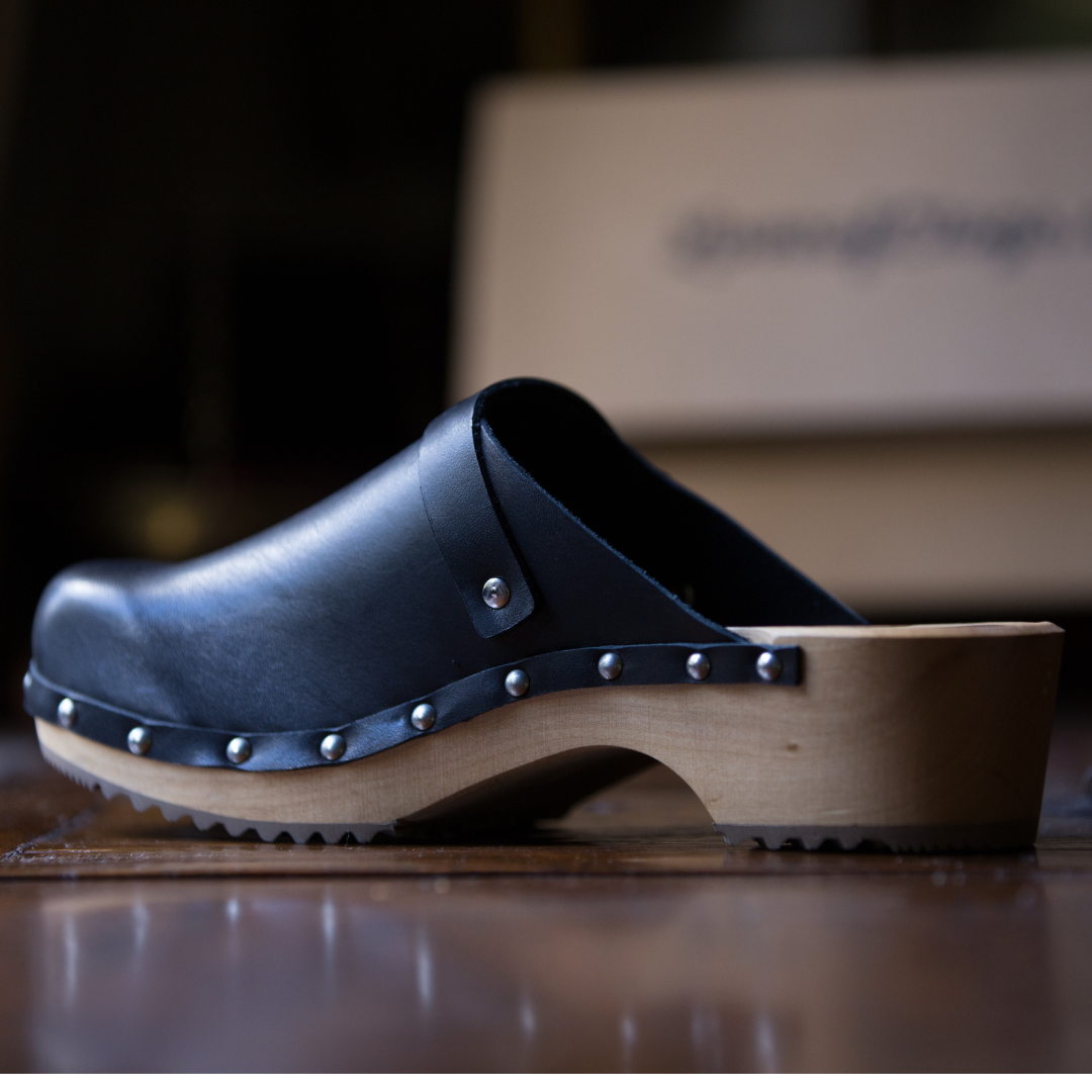 Lene Black Leather Swedish Clogs | Handmade Classic Clogs (SECONDS EU38-41)