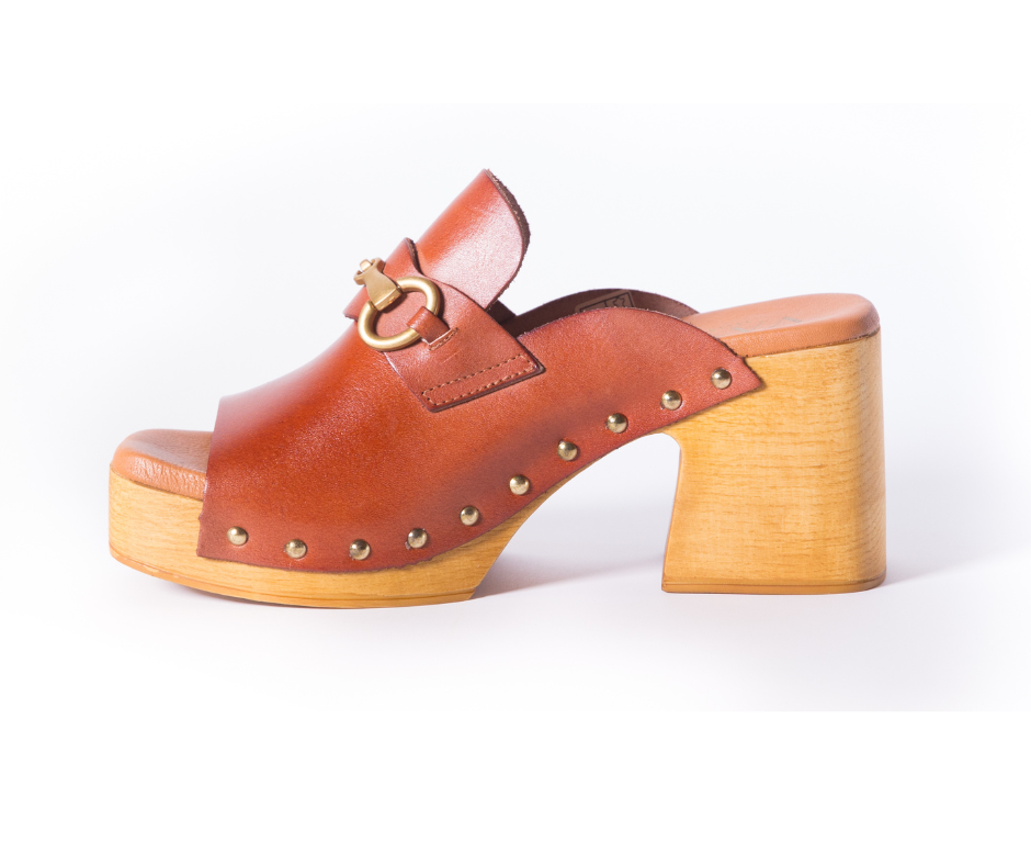 Claudia Cognac Heel Clogs | Handmade Leather Block Heels