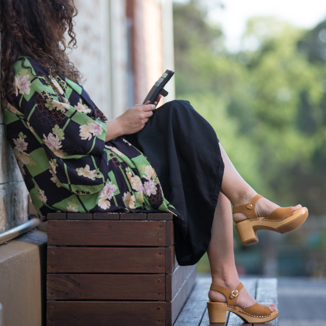 Pia Open-Toe Heel Clogs | Tan Nubuck Leather Clogs